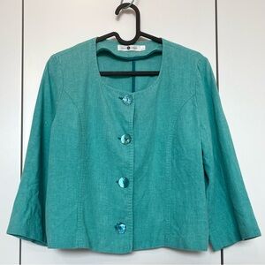 Teal Green Linen-Blend Button Front Jacket